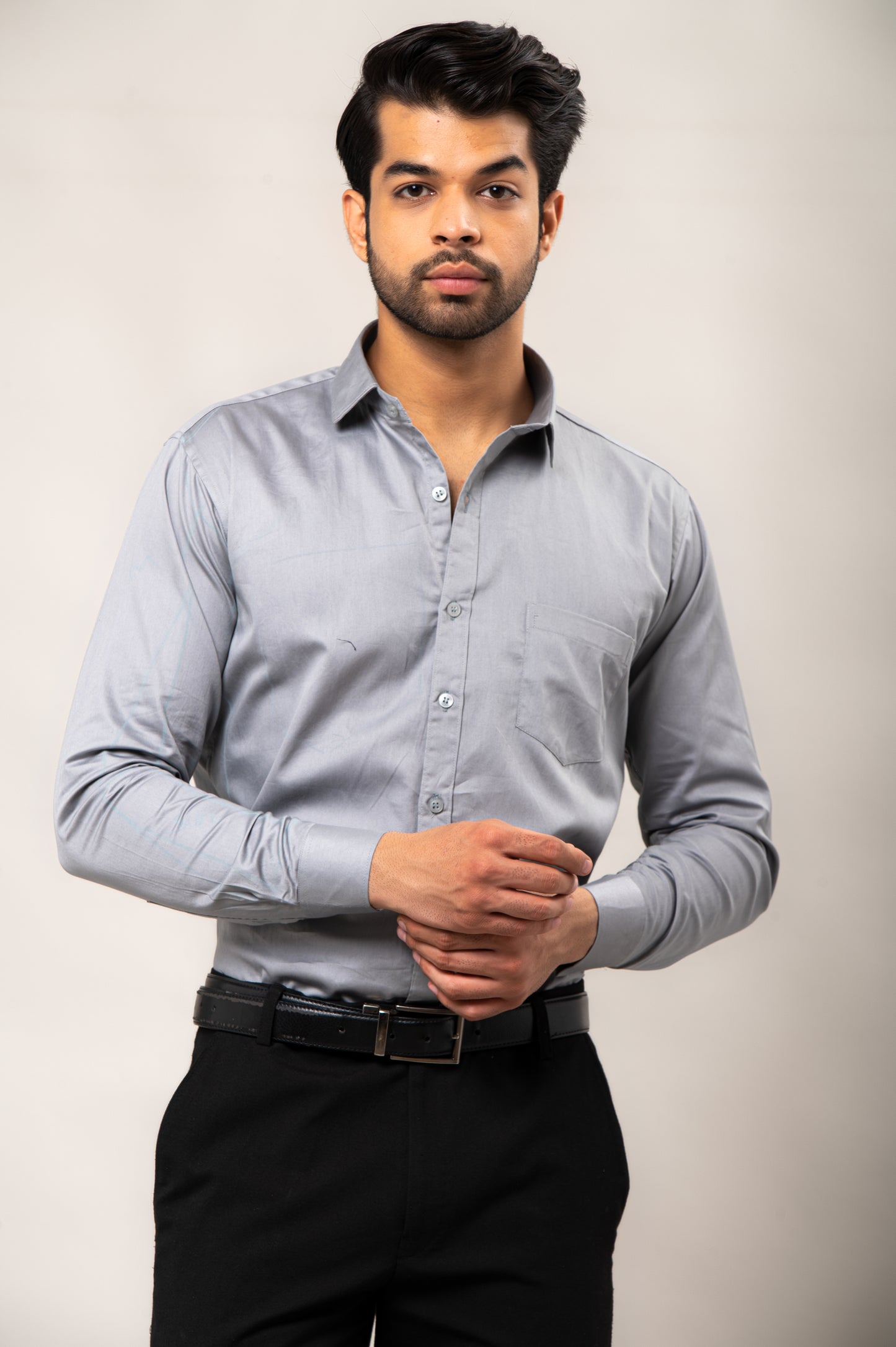 Grey Solid-Colored Formal Shirt