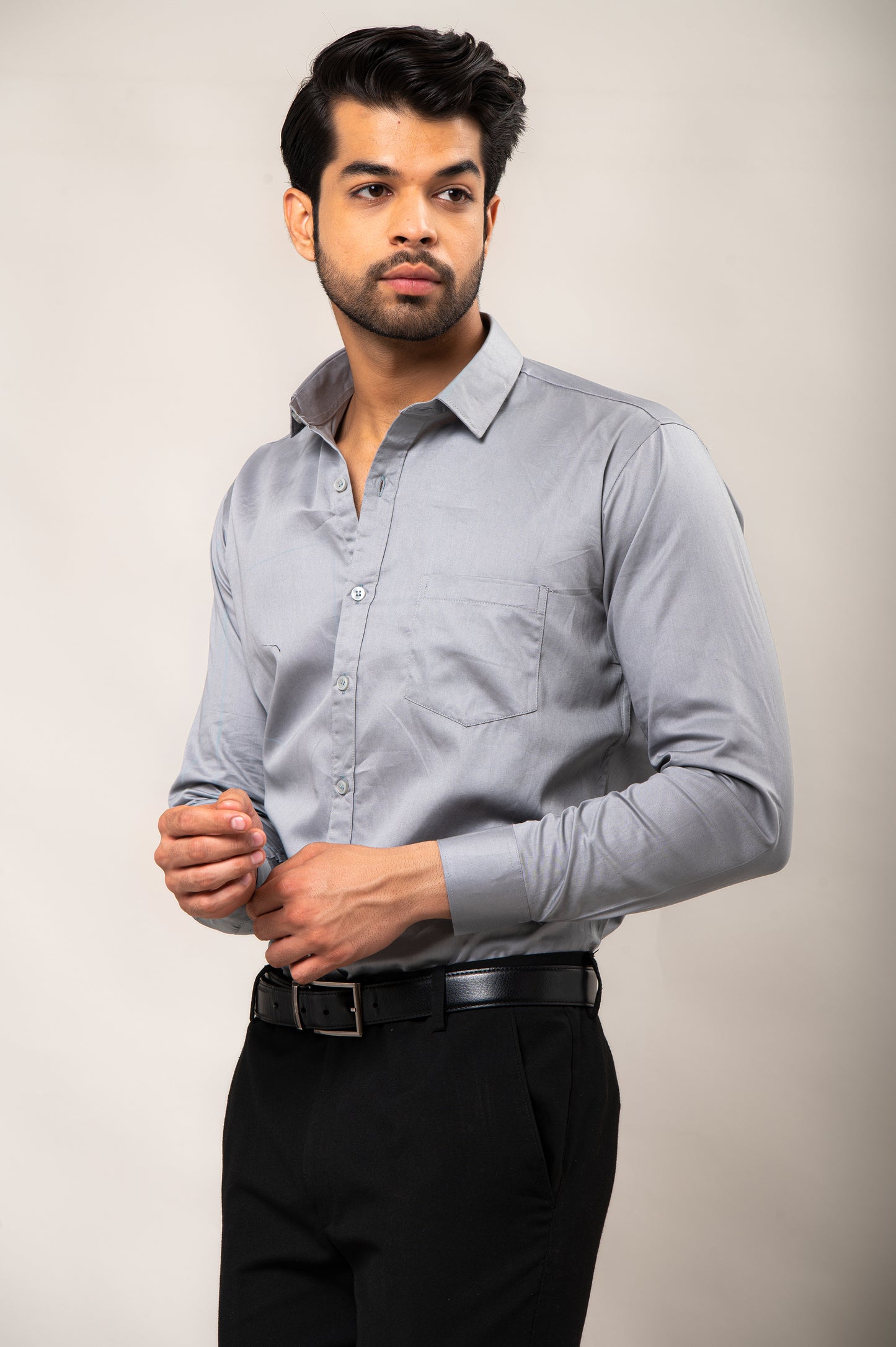 Grey Solid-Colored Formal Shirt