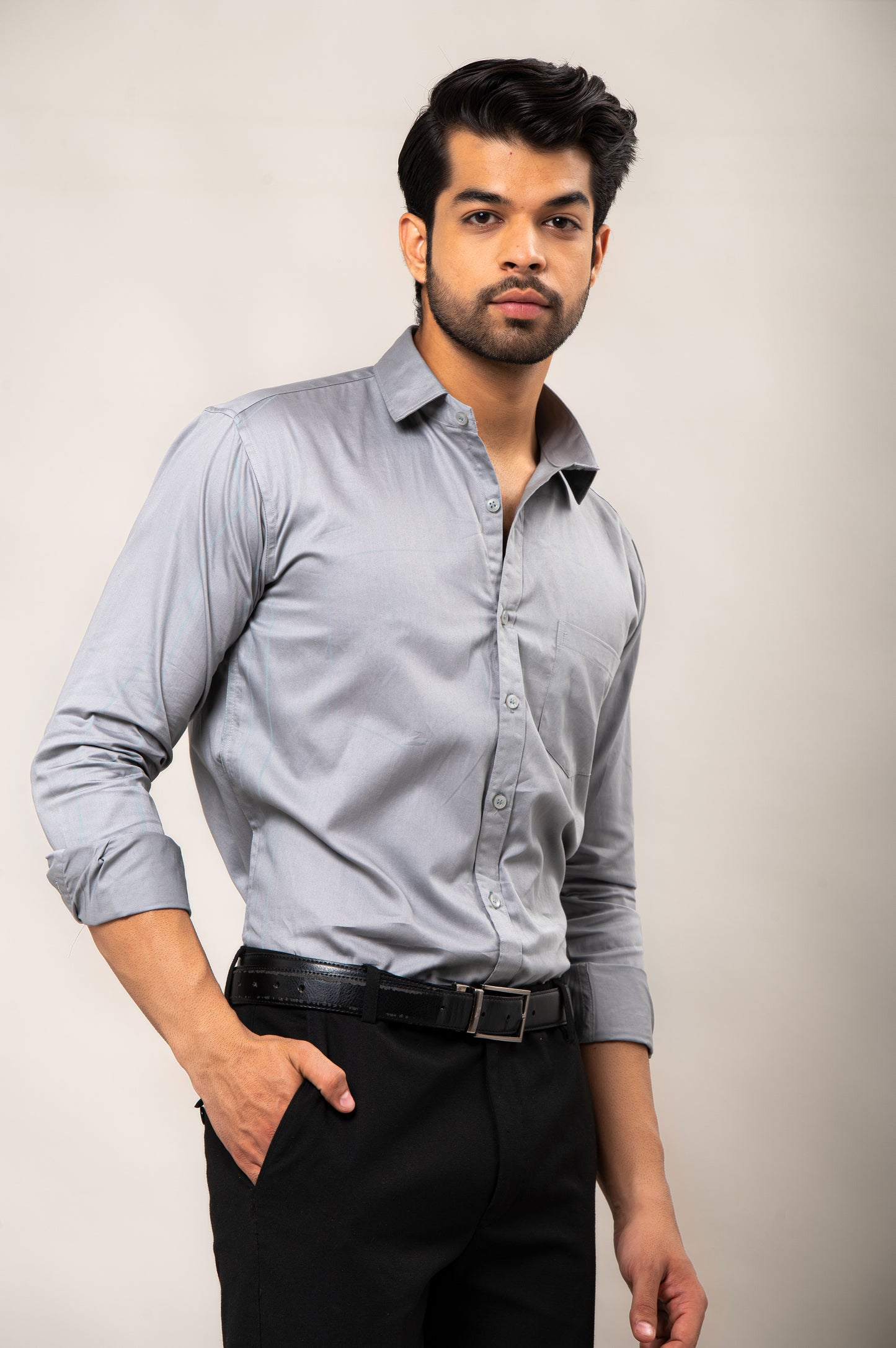 Grey Solid-Colored Formal Shirt