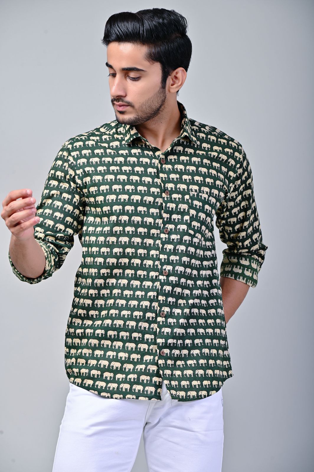 Olive Green Elephant Print Full Sleeve Shirt