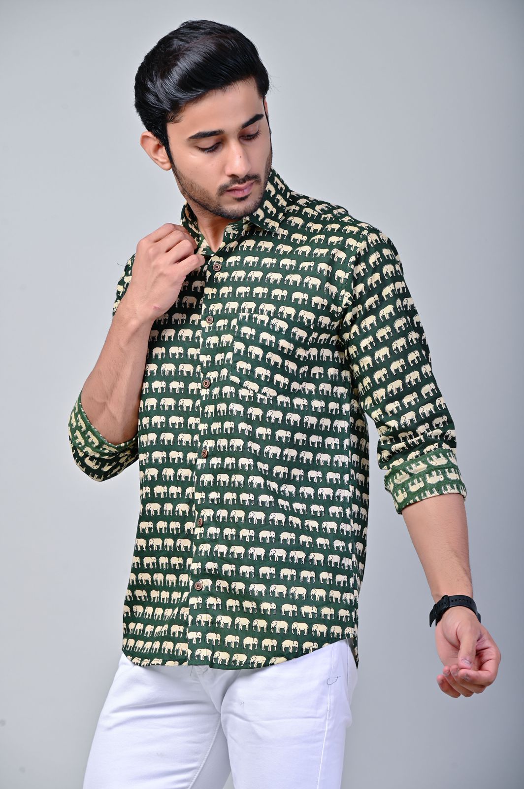 Olive Green Elephant Print Full Sleeve Shirt