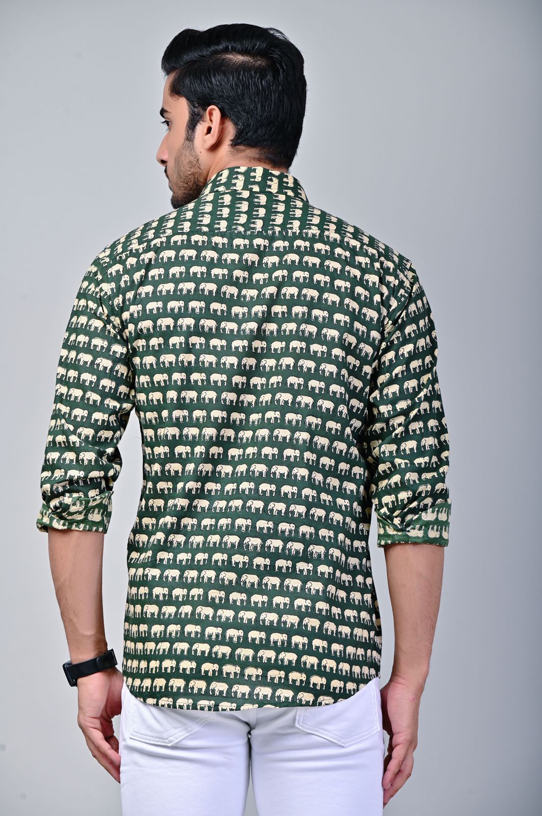 Olive Green Elephant Print Full Sleeve Shirt