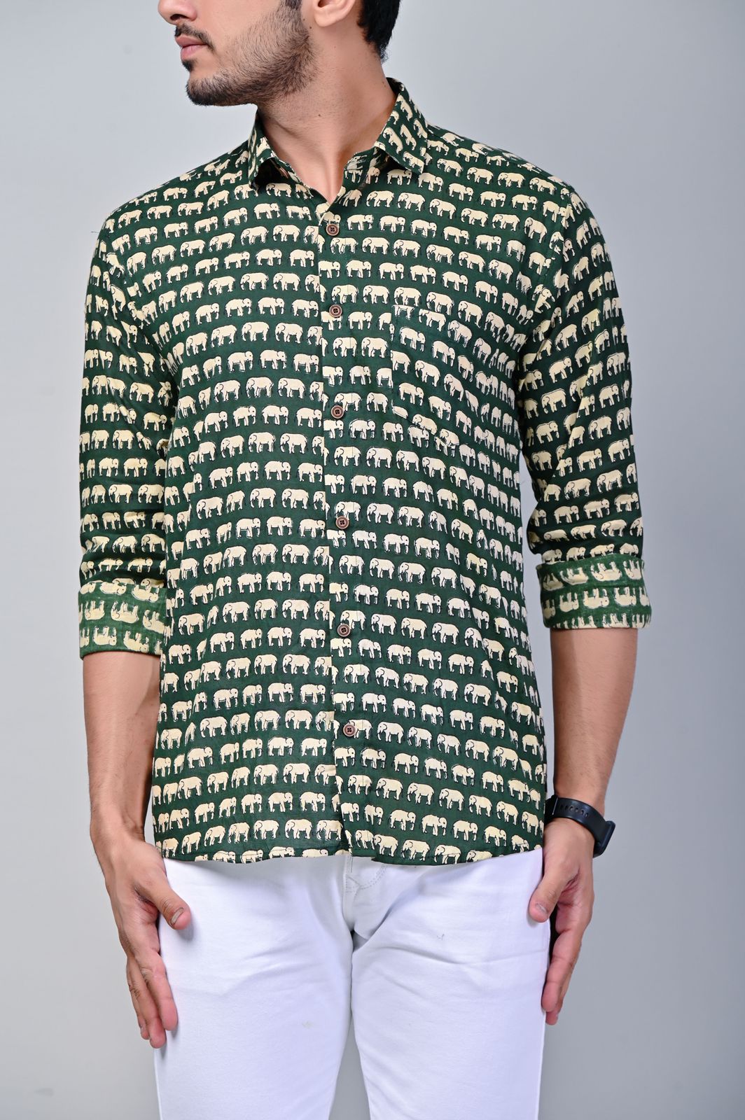 Olive Green Elephant Print Full Sleeve Shirt