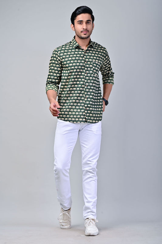 Olive Green Elephant Print Full Sleeve Shirt