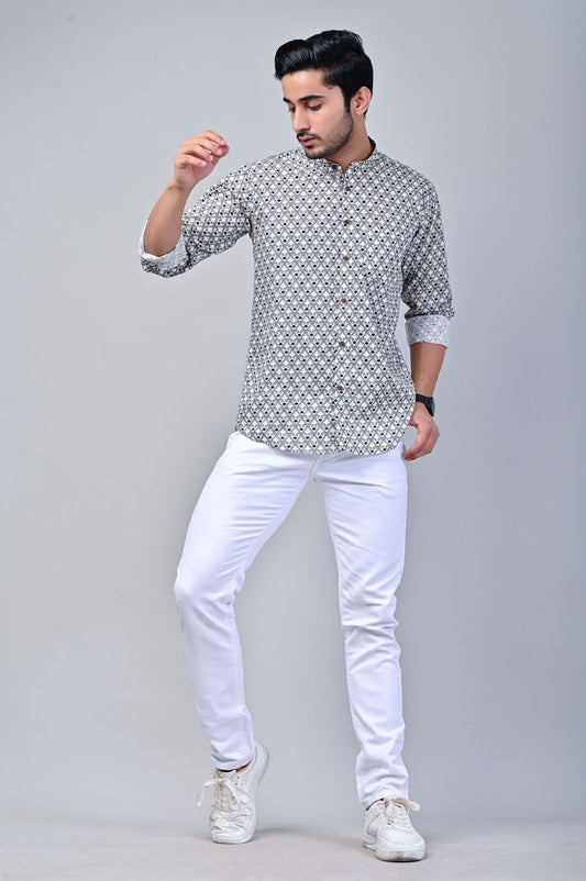 Geometrical Print Mandarin Collar Full Sleeve Shirt