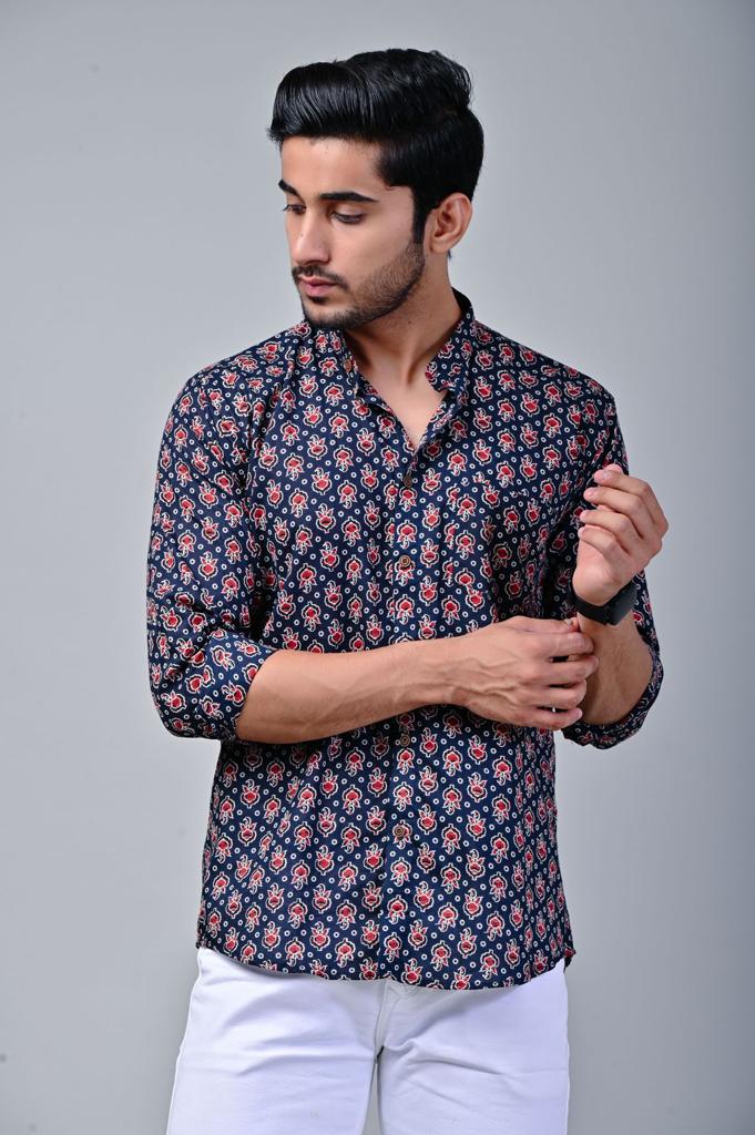 Navy Blue Mandarin Collar Full Sleeve Printed Shirt
