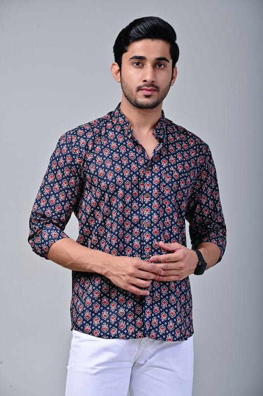 Navy Blue Mandarin Collar Full Sleeve Printed Shirt