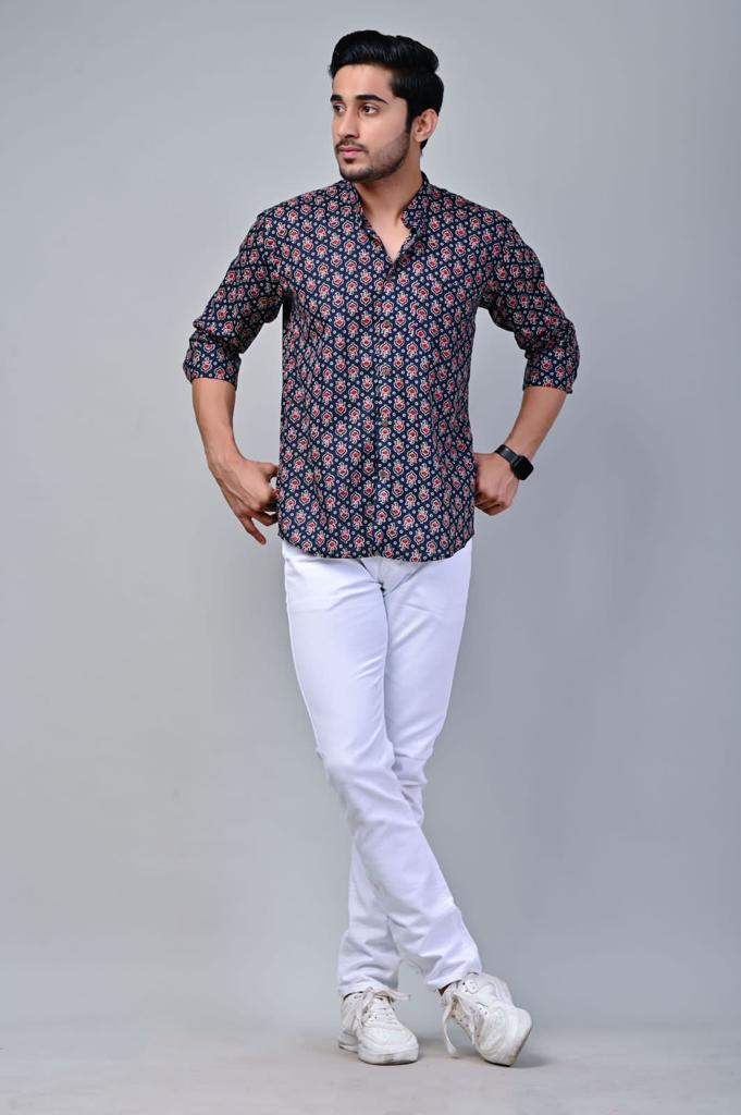 Navy Blue Mandarin Collar Full Sleeve Printed Shirt