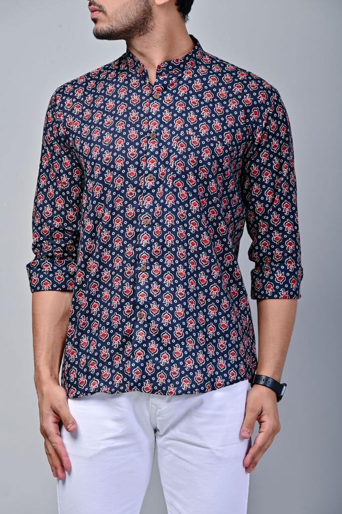 Navy Blue Mandarin Collar Full Sleeve Printed Shirt