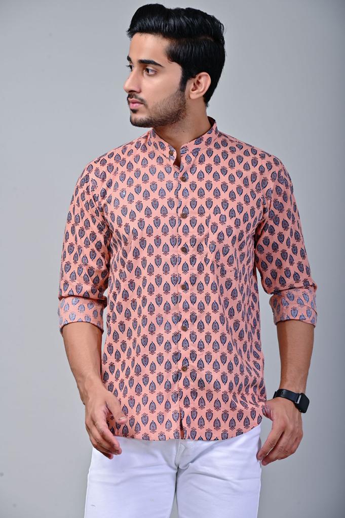 Peachy Leaf Mandarin Collar Full Sleeve Printed Shirt