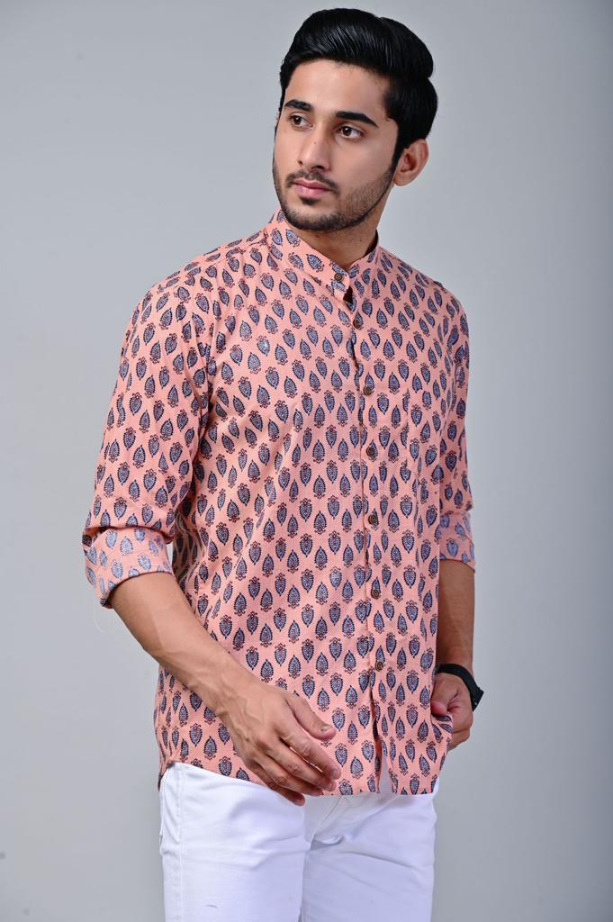 Peachy Leaf Mandarin Collar Full Sleeve Printed Shirt