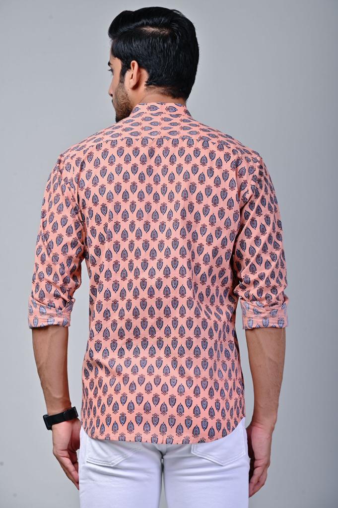 Peachy Leaf Mandarin Collar Full Sleeve Printed Shirt