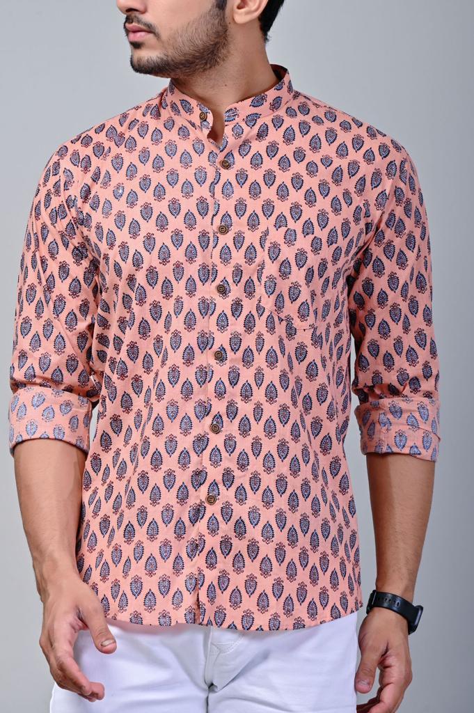 Peachy Leaf Mandarin Collar Full Sleeve Printed Shirt