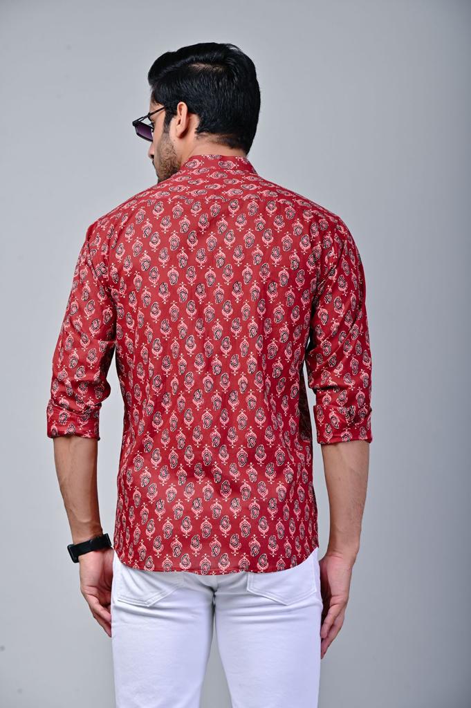 Red Mandarin Collar Full Sleeve Printed Shirt