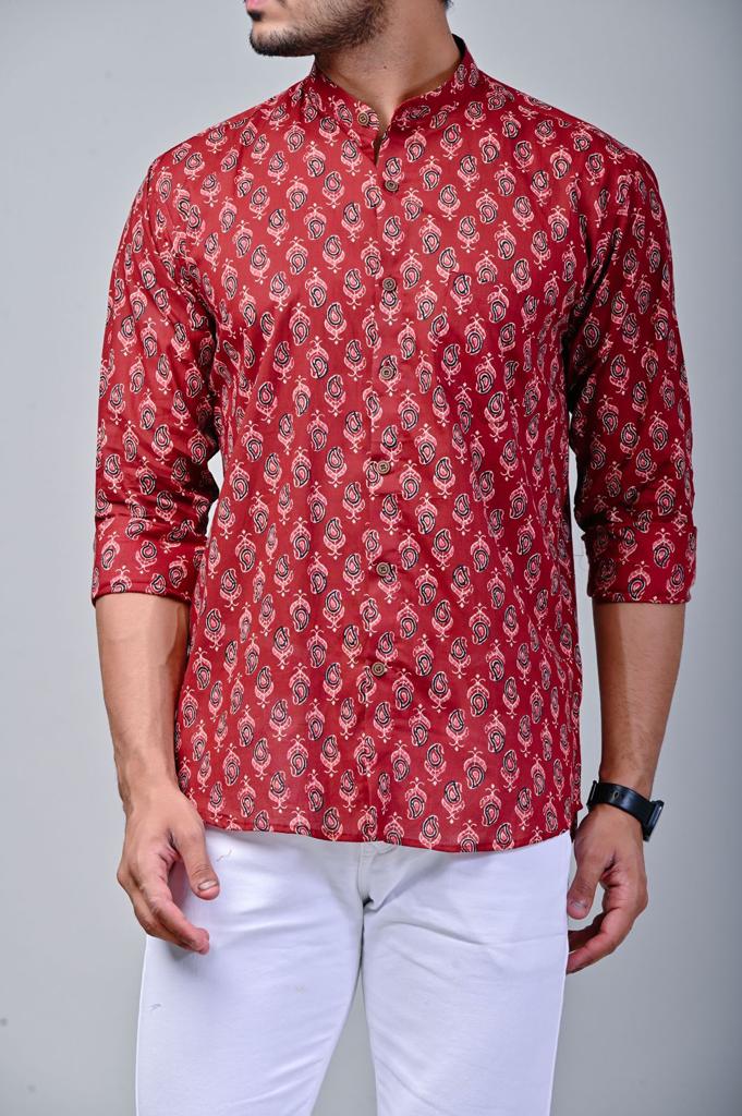 Red Mandarin Collar Full Sleeve Printed Shirt