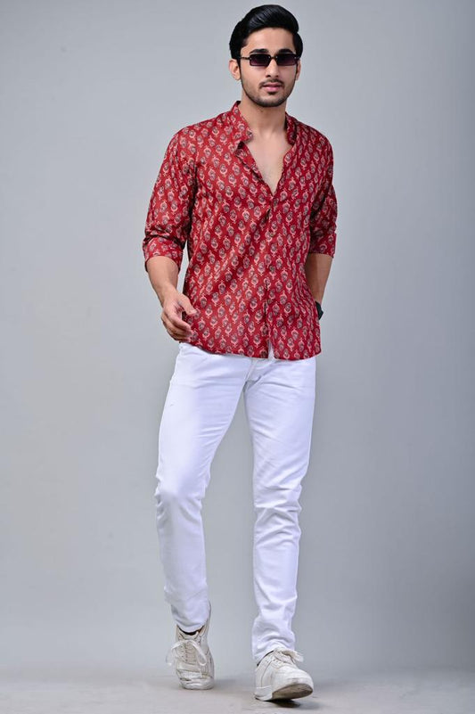 Red Mandarin Collar Full Sleeve Printed Shirt