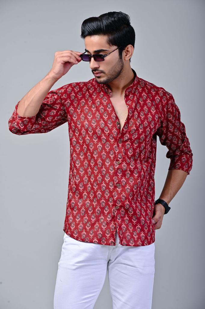 Red Mandarin Collar Full Sleeve Printed Shirt