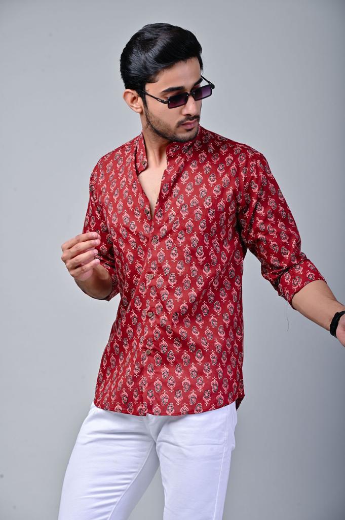 Red Mandarin Collar Full Sleeve Printed Shirt