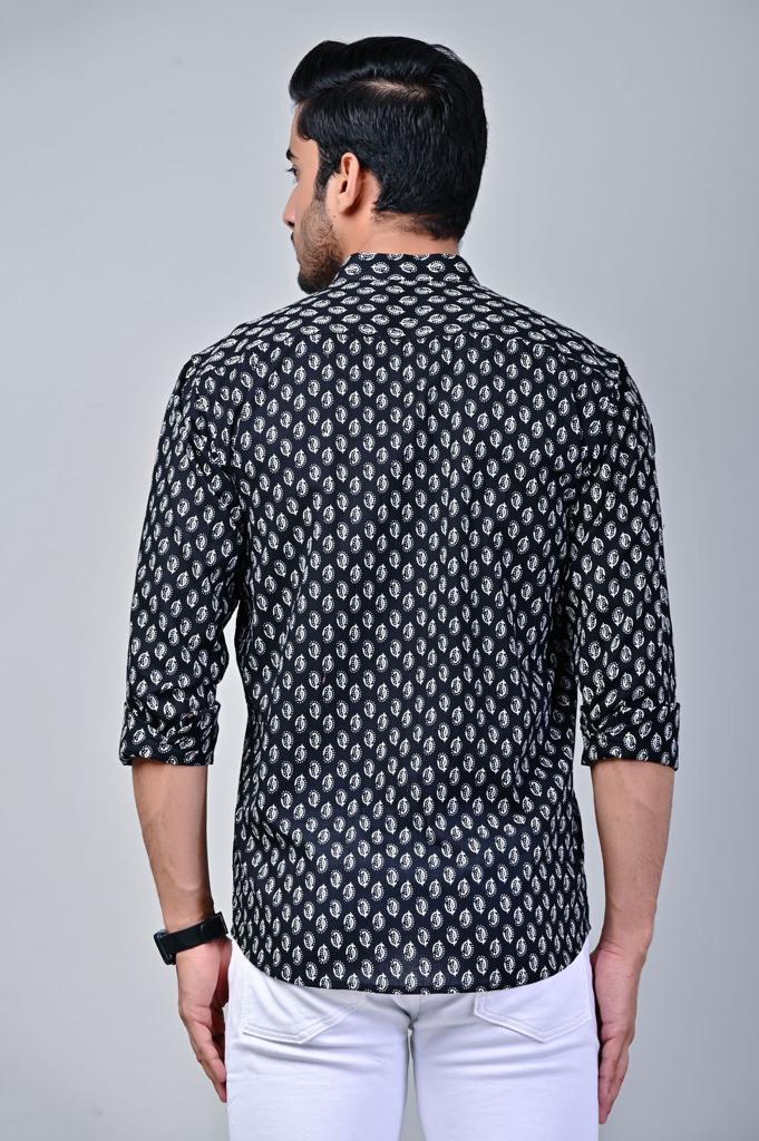 Black Mandarin Collar Full Sleeve Printed Shirt