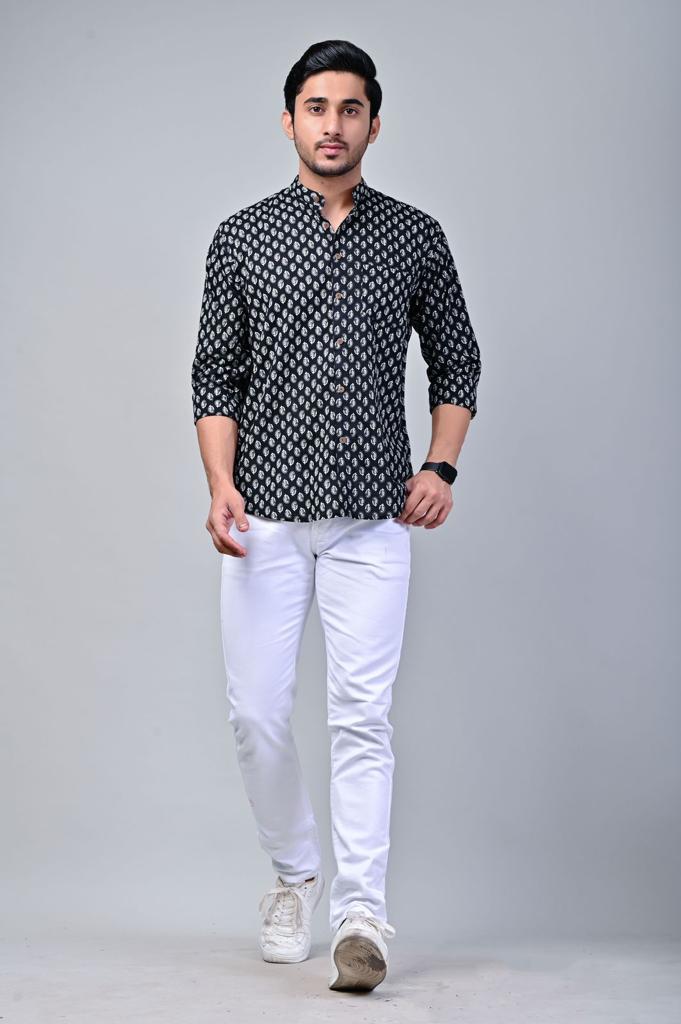 Black Mandarin Collar Full Sleeve Printed Shirt