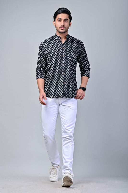 Black Mandarin Collar Full Sleeve Printed Shirt