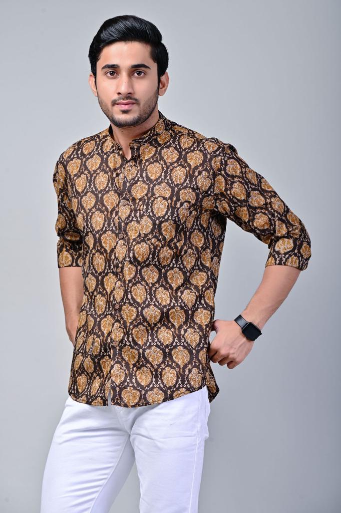 Ajrak Print Mandarin Collar Full Sleeve Shirt