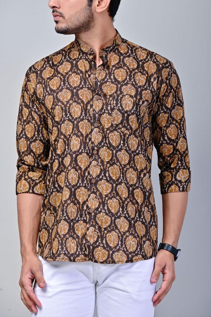 Ajrak Print Mandarin Collar Full Sleeve Shirt