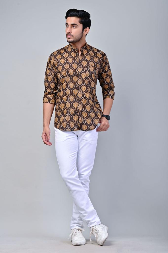 Ajrak Print Mandarin Collar Full Sleeve Shirt