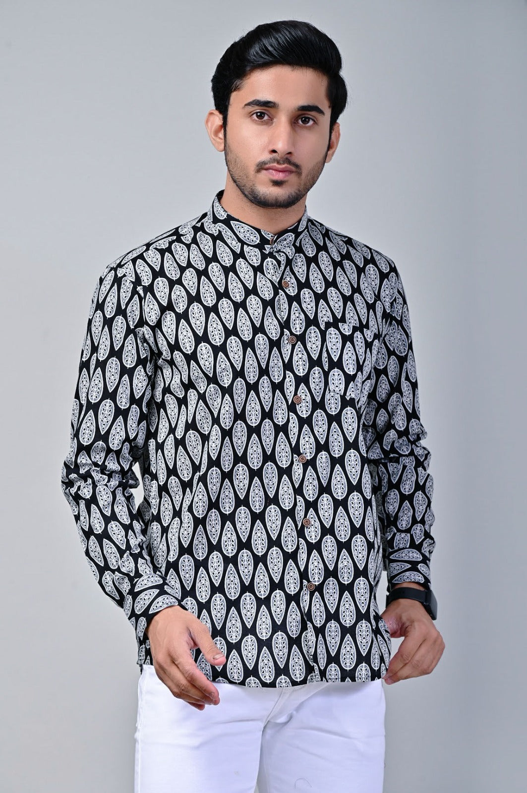 Black Leaf Print Mandarin Collar Full Sleeve Shirt