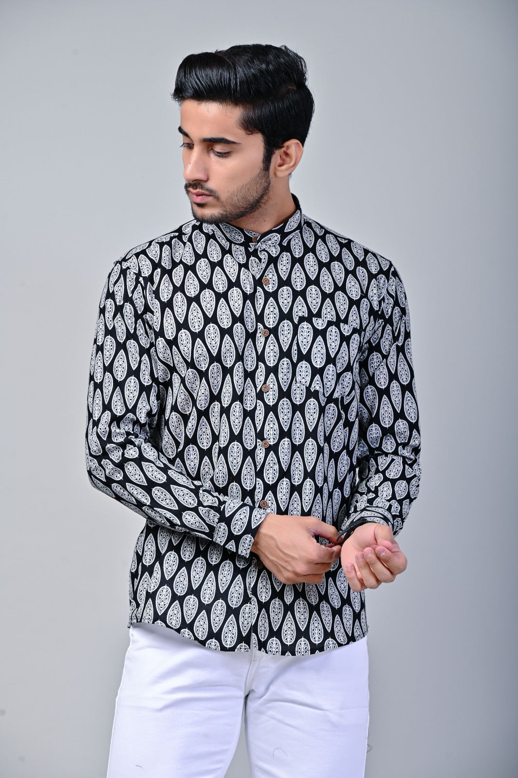 Black Leaf Print Mandarin Collar Full Sleeve Shirt