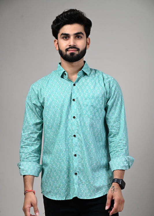 Sea Green Leaf Print Full Sleeve Shirt