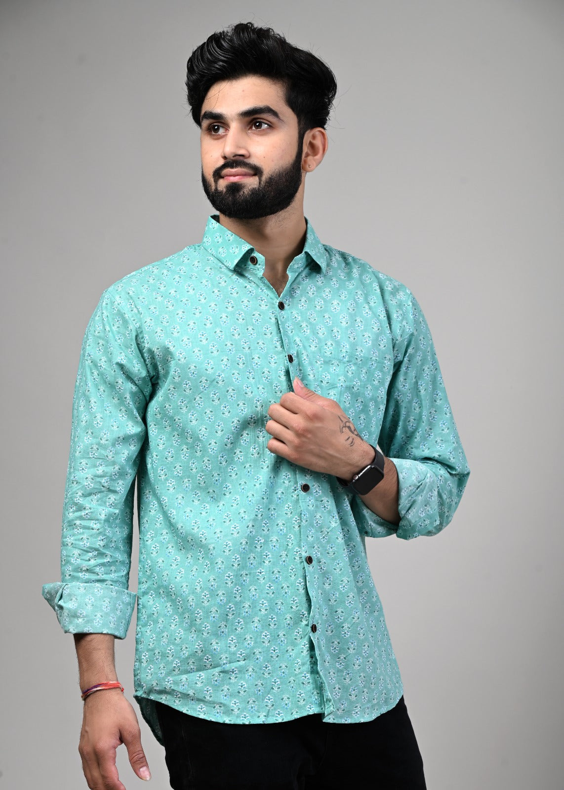 Sea Green Leaf Print Full Sleeve Shirt