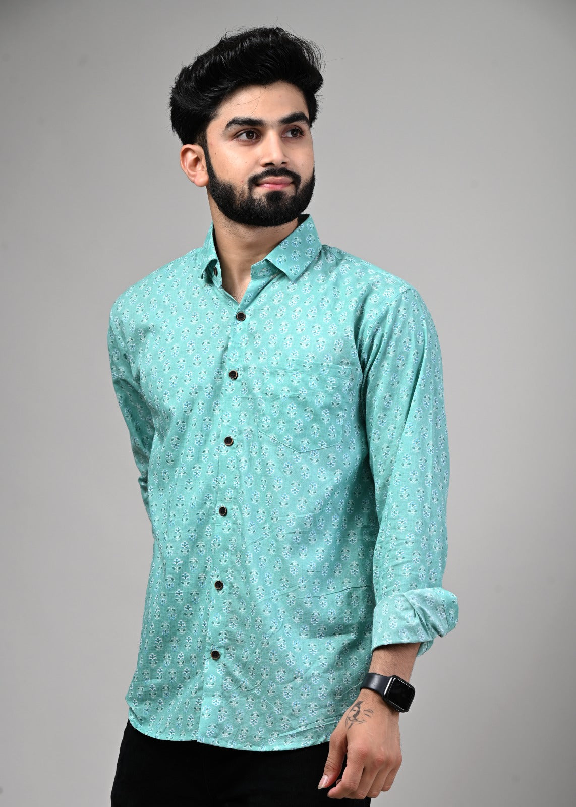 Sea Green Leaf Print Full Sleeve Shirt