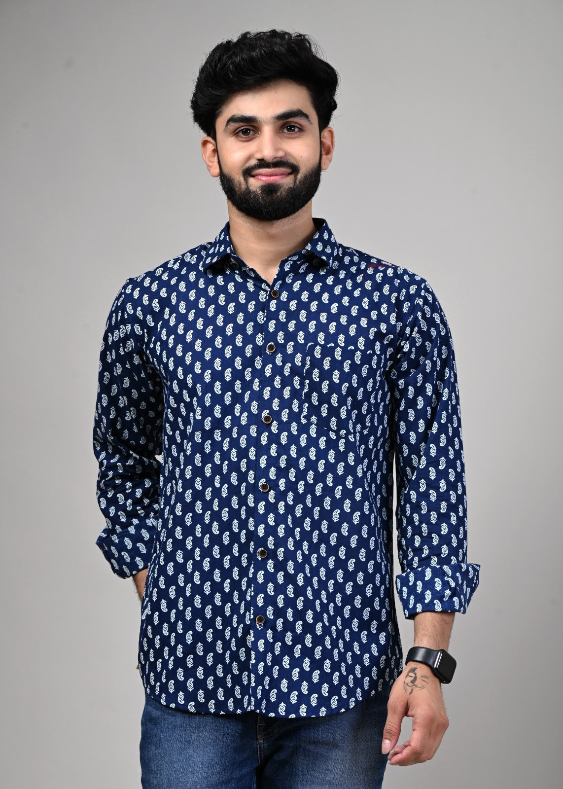 Indigo Leaf Print Full Sleeve Shirt