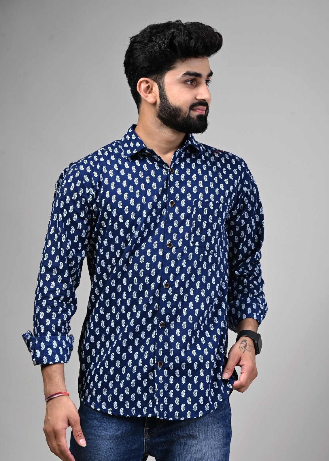 Indigo Leaf Print Full Sleeve Shirt