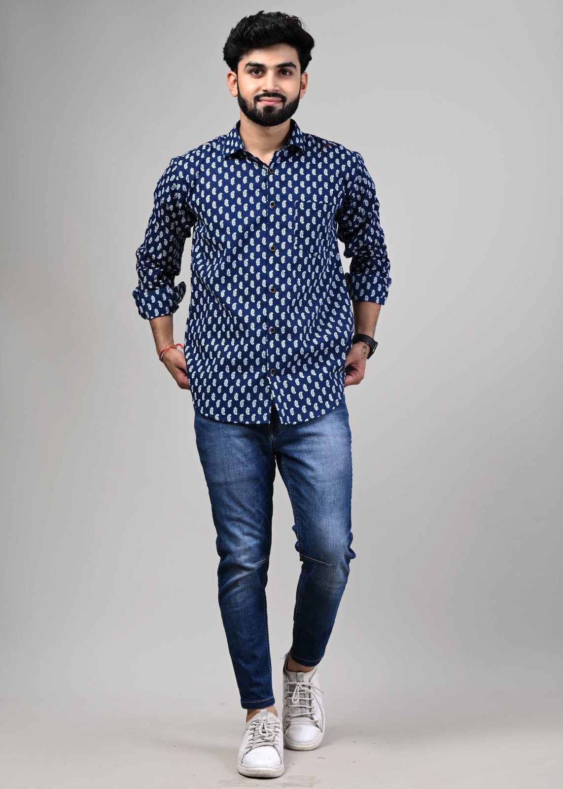 Indigo Leaf Print Full Sleeve Shirt