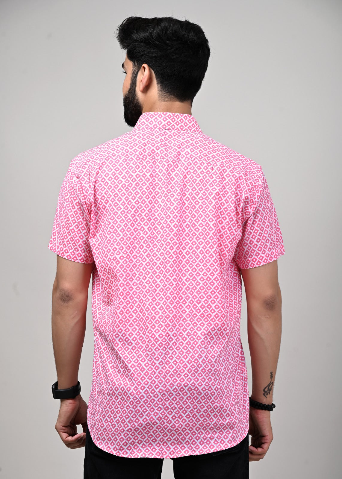 Pink Quadrant Print Men’s Half Sleeve Shirt