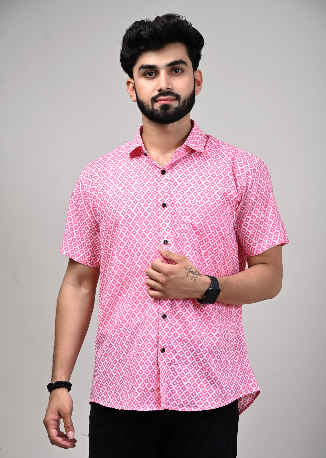 Pink Quadrant Print Men’s Half Sleeve Shirt