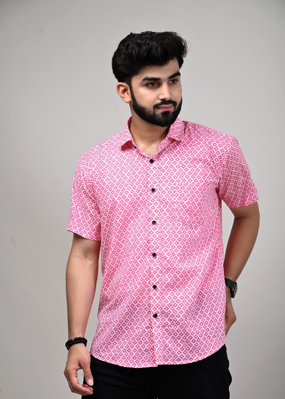 Pink Quadrant Print Men’s Half Sleeve Shirt