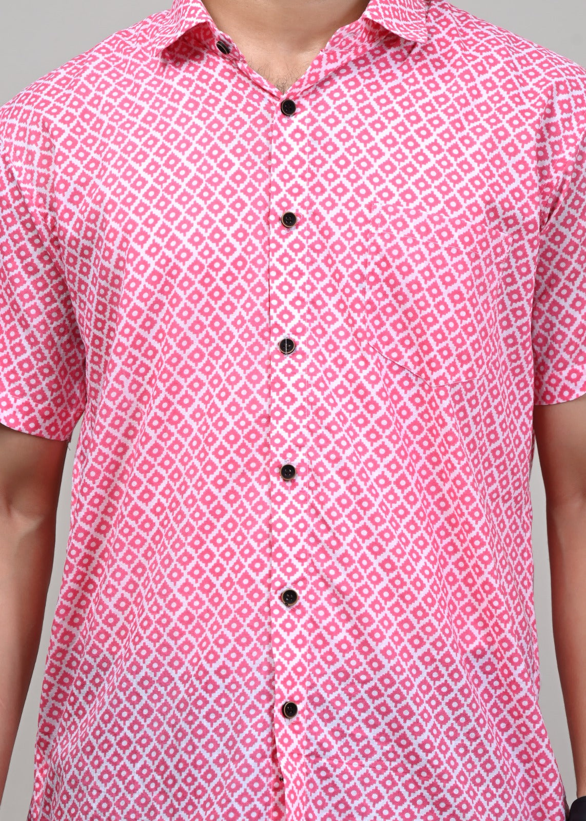 Pink Quadrant Print Men’s Half Sleeve Shirt