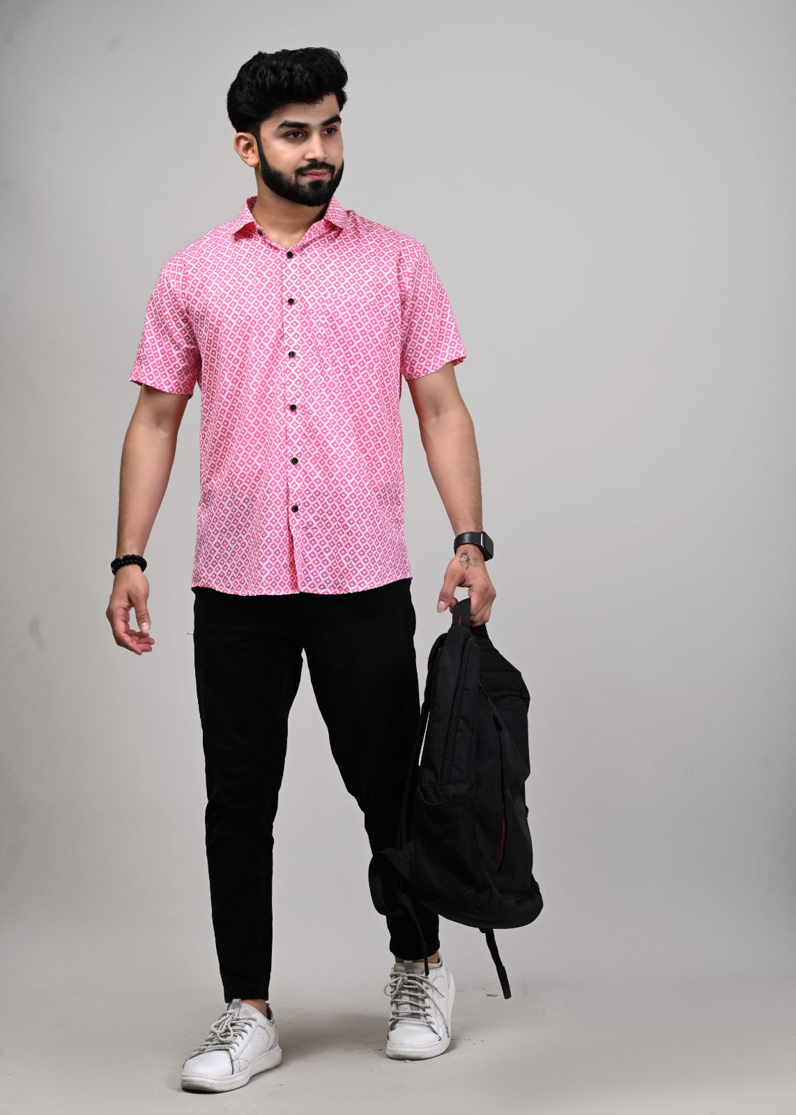 Pink Quadrant Print Men’s Half Sleeve Shirt