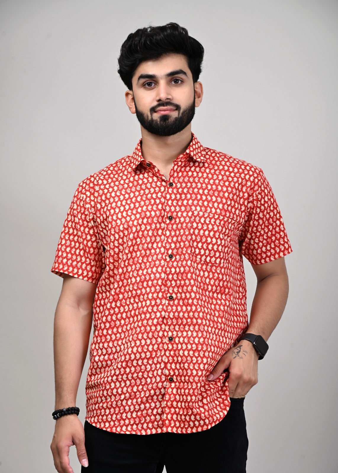 Red Symmetric Nexus Men’s Half Sleeve Printed Shirt