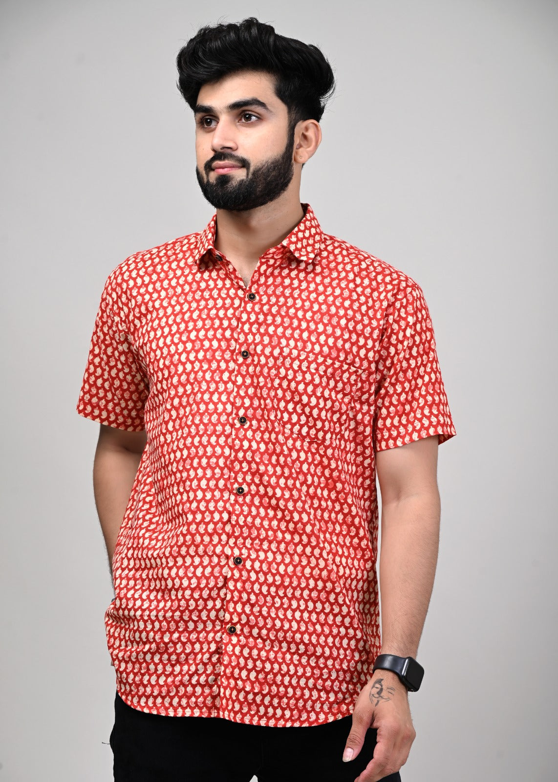 Red Symmetric Nexus Men’s Half Sleeve Printed Shirt