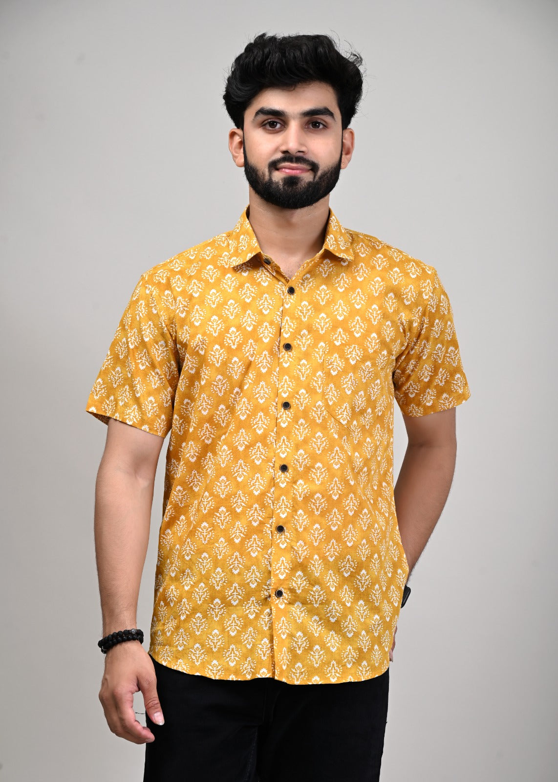 Marigold Paisley Whispers Men’s Half Sleeve Printed Shirt