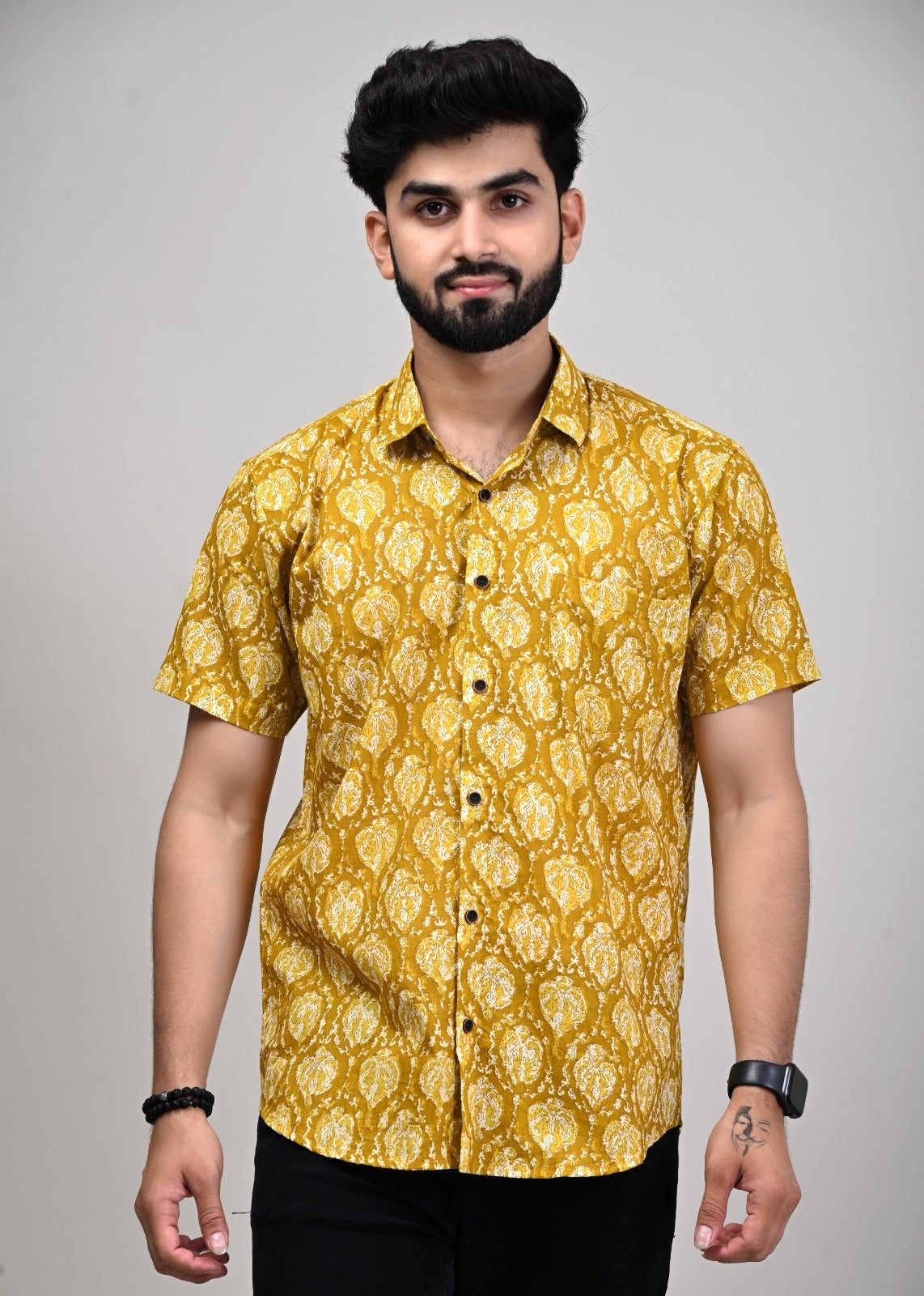 Mustard Wildflower Men’s Half Sleeve Printed Shirt