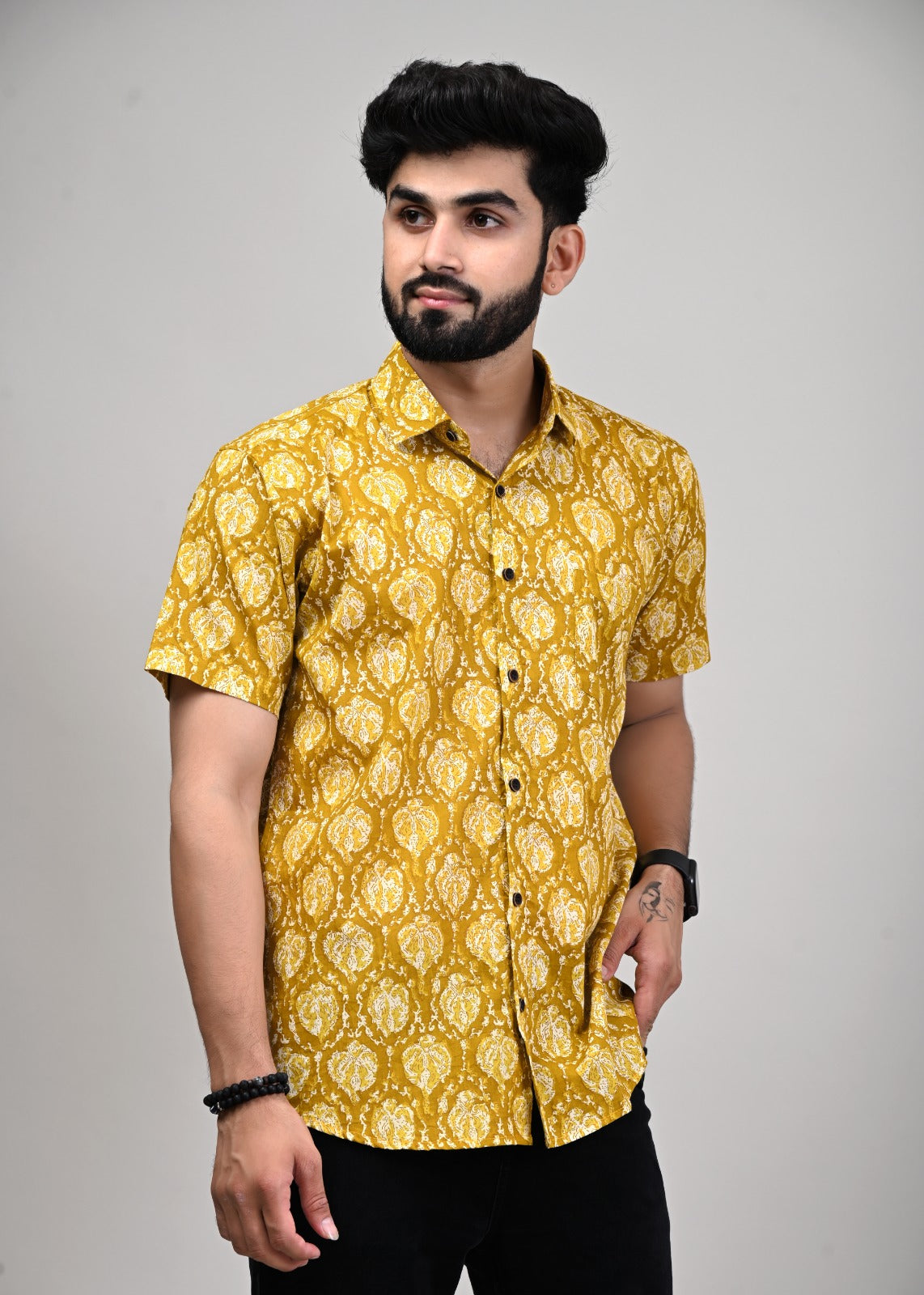 Mustard Wildflower Men’s Half Sleeve Printed Shirt